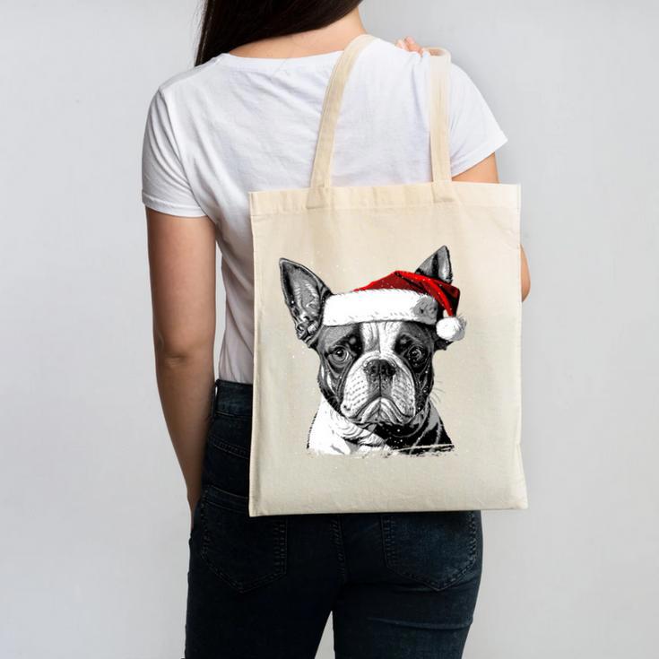 Boston Terrier Santa Claus Hat Merry Christmas Dog X-Mas Canvas Tote Bag
