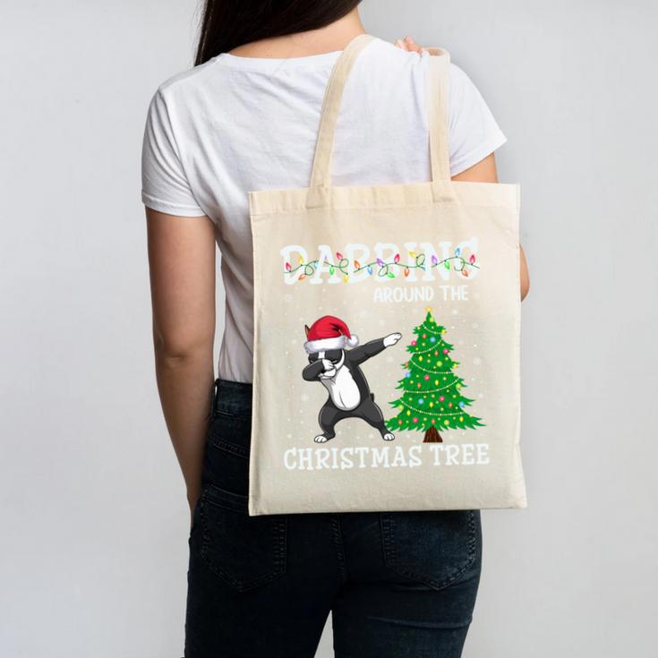 Boston Terrier Santa Hat Dabbing Around The Christmas Tree Canvas Tote Bag