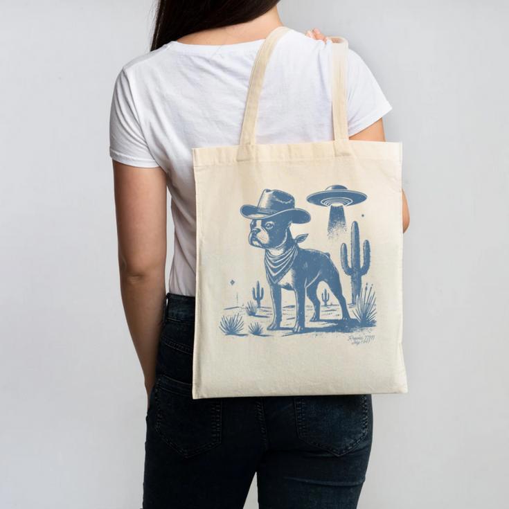 Boston Terrier UFO Cowboy Dog Dog Mom Dog Dad Alien Dog Canvas Tote Bag