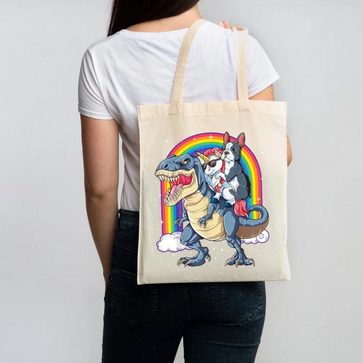 Boston Terrier Unicorn Riding Dinosaur T-Rex Girls Rainbow Canvas Tote Bag, Boston Terrier Riding Gifts, trending gift