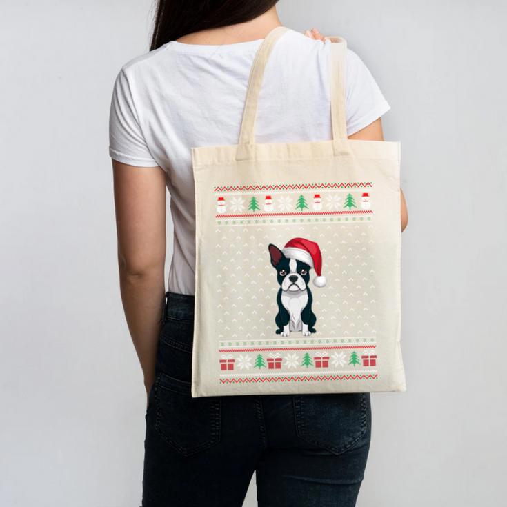 Boston Terrier Wearing Santa Hat Ugly Xmas Dog Lovers Canvas Tote Bag, trending gift