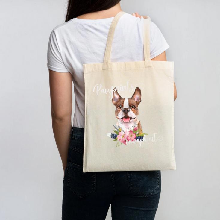 Brown Boston Terrier With Flowers And Feathers Canvas Tote Bag, trending gift