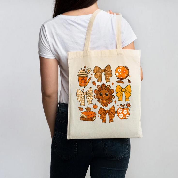 Coquette Teach Teacher Bows Thanksgiving Turkey Fall Autumn Canvas Tote Bag