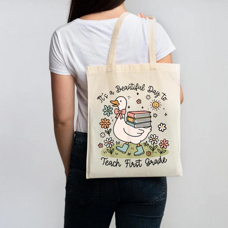 Cute Goose It's A Beautiful Day To Teach 1st Grade Teacher Canvas Tote Bag