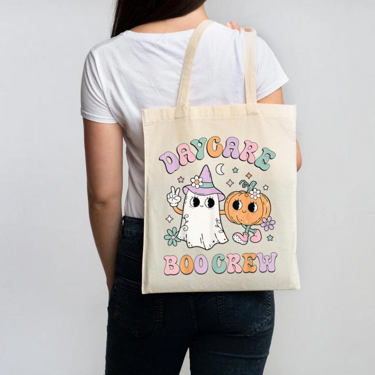 Daycare Boo Crew Groovy Halloween Floral Ghost Kid Teacher Canvas Tote Bag, Groovy Teacher Gifts, trending gift