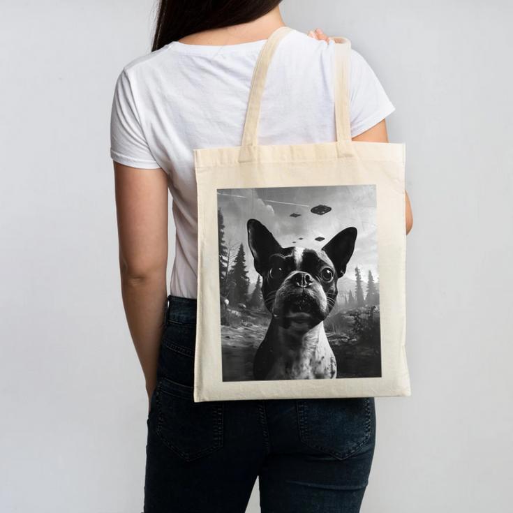 Dog Mom Dad Alien Selfie Boston Terrier UFO For Men Women Canvas Tote Bag, Couple Gifts, Mom Gifts, Boston Terrier Dad Gifts, Boston Terrier Mom Gifts, trending gift