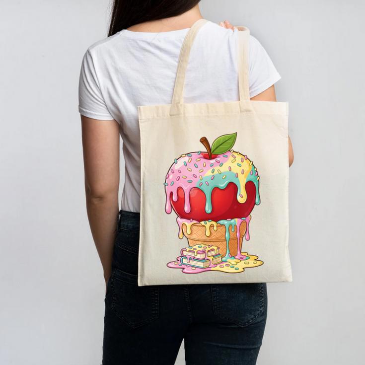 Dripping Apple Ice Cream Cone Cute Teacher Appreciation Canvas Tote Bag, trending gift