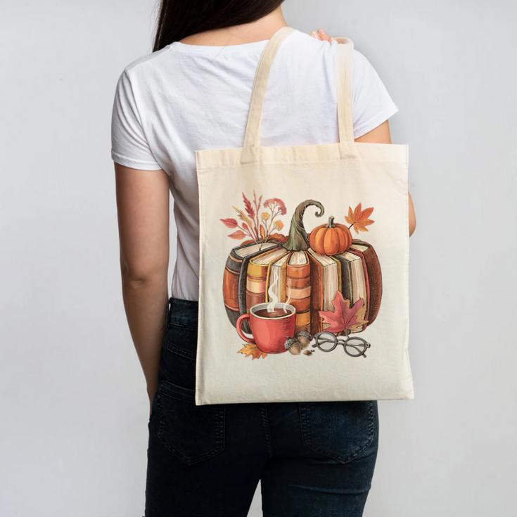 Fall Book Pumpkin Retro Reading Halloween Teacher Canvas Tote Bag