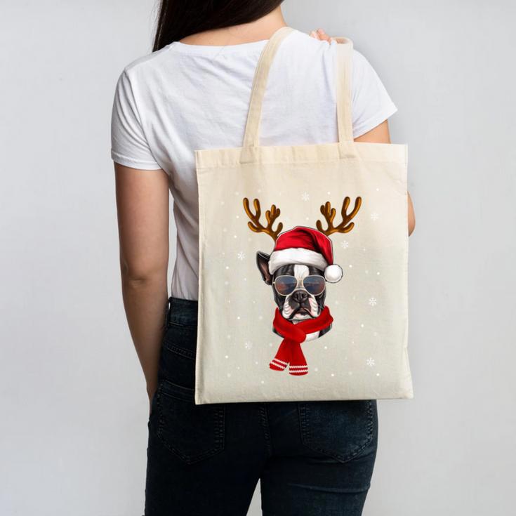 Family Matching Reindeer Xmas Boston Terrier Christmas Canvas Tote Bag, Boston Terrier Christmas Gifts, trending gift
