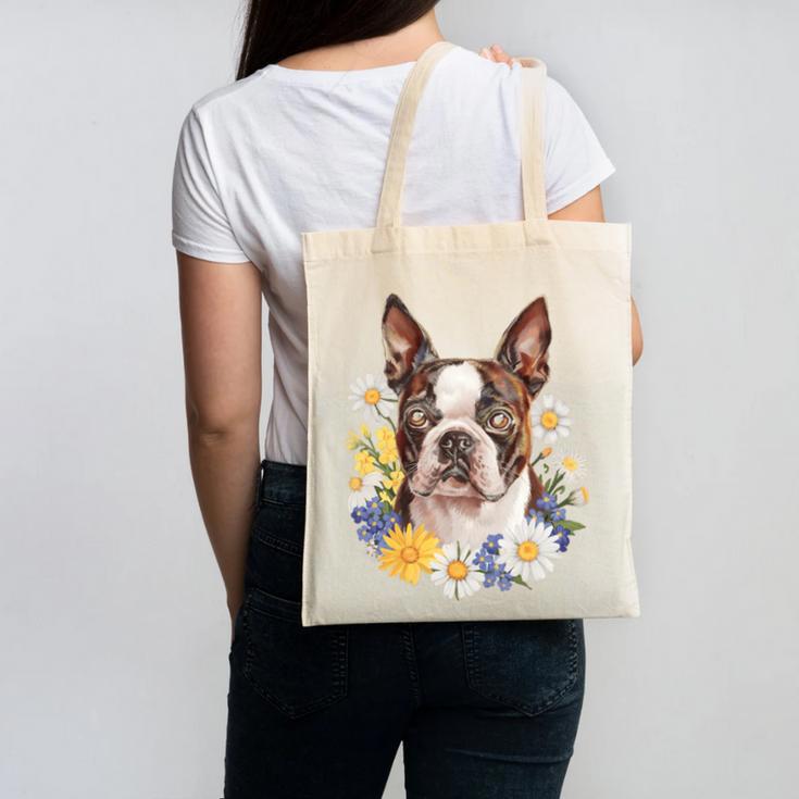 Floral Boston Terrier Canvas Tote Bag