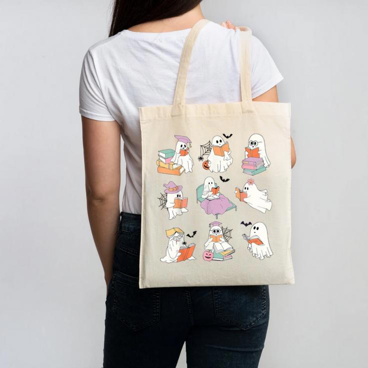 Ghost Book Reading Halloween Books Lover Teacher Kids Canvas Tote Bag, trending gift