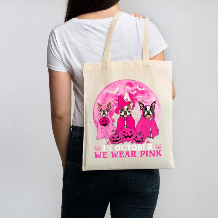 Ghost And Witch Boston Terrier Dog In October We Wear Pink Canvas Tote Bag, Boston Terrier Ghost Gifts, trending gift