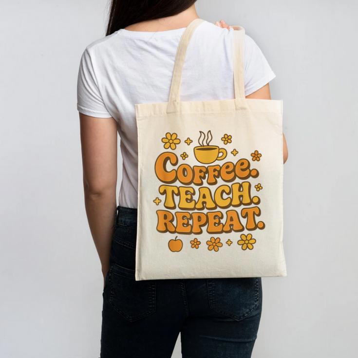 Groovy Coffee Teach Repeat Retro Teacher Canvas Tote Bag
