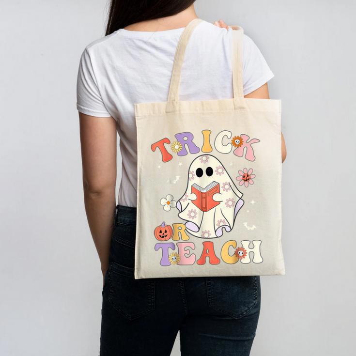 Groovy Halloween Trick Or Teach Retro Floral Ghost Teacher Canvas Tote Bag, Groovy Teacher Gifts, trending gift Groovy Halloween Trick Or Teach Retro Floral Ghost Teacher Canvas Tote Bag, Groovy Teacher Gifts, trending gift