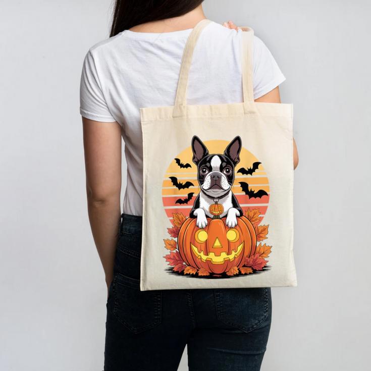 Halloween Retro Boston Terrier Canvas Tote Bag, Boston Terrier Halloween Gifts, trending gift