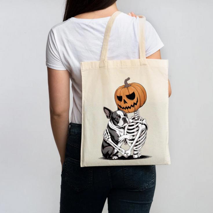Halloween Skeleton Boston Terrier Canvas Tote Bag, Boston Terrier Halloween Gifts, trending gift