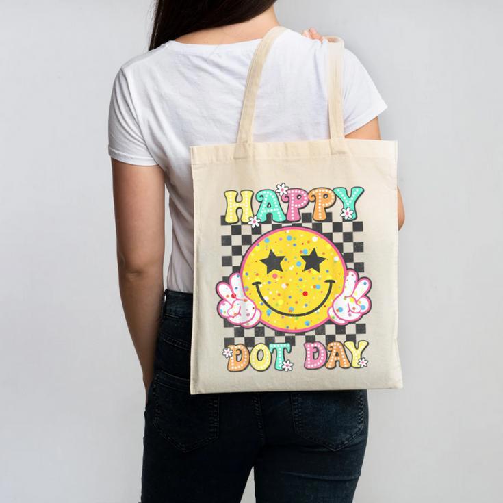 Happy Dot Day Hippie Flowers Smile Face Groovy Teacher Kids Canvas Tote Bag