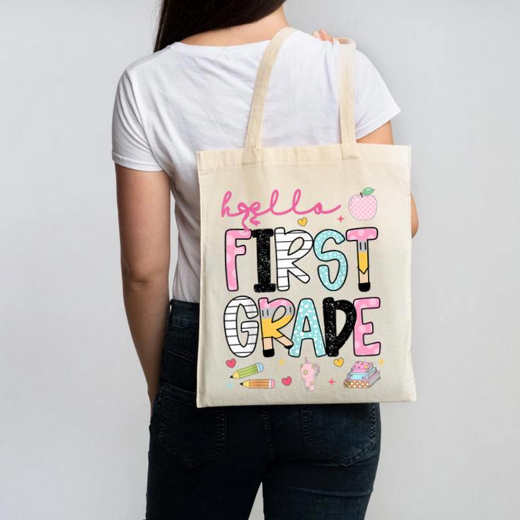 Hello First Grade Teacher Coquette Pencil Bow Back To School Canvas Tote Bag