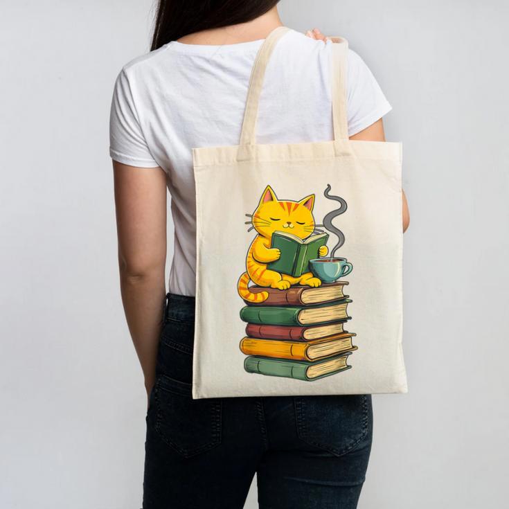 Kawaii Cats Lover Coffee Books Teacher Librarian Cat Canvas Tote Bag, trending gift Kawaii Cats Lover Coffee Books Teacher Librarian Cat Canvas Tote Bag, trending gift