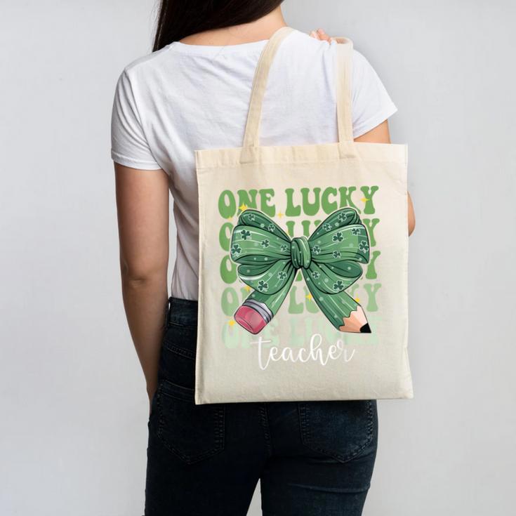 One Lucky Teacher Coquette Bow St Patricks Day Teacher Canvas Tote Bag, trending gift One Lucky Teacher Coquette Bow St Patricks Day Teacher Canvas Tote Bag, trending gift