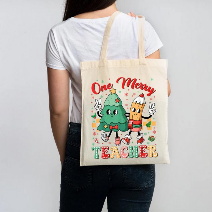 One Merry Teacher Groovy Christmas Tree Pjs Xmas Teacher Canvas Tote Bag
