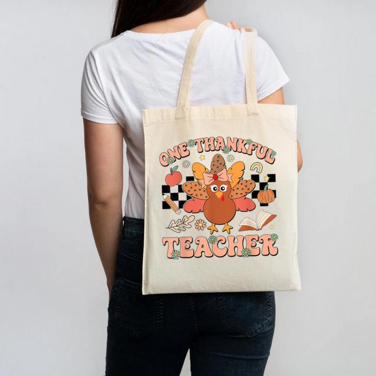 One Thankful Teacher Thanksgiving Retro Groovy Fall Teachers Canvas Tote Bag