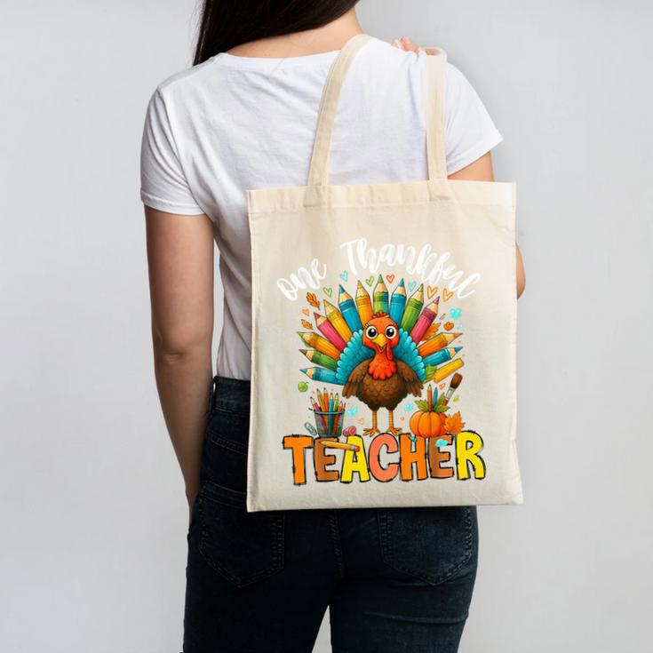 One Thankful Teacher Thanksgiving Turkey Cute Crayon Pencil Canvas Tote Bag, trending gift