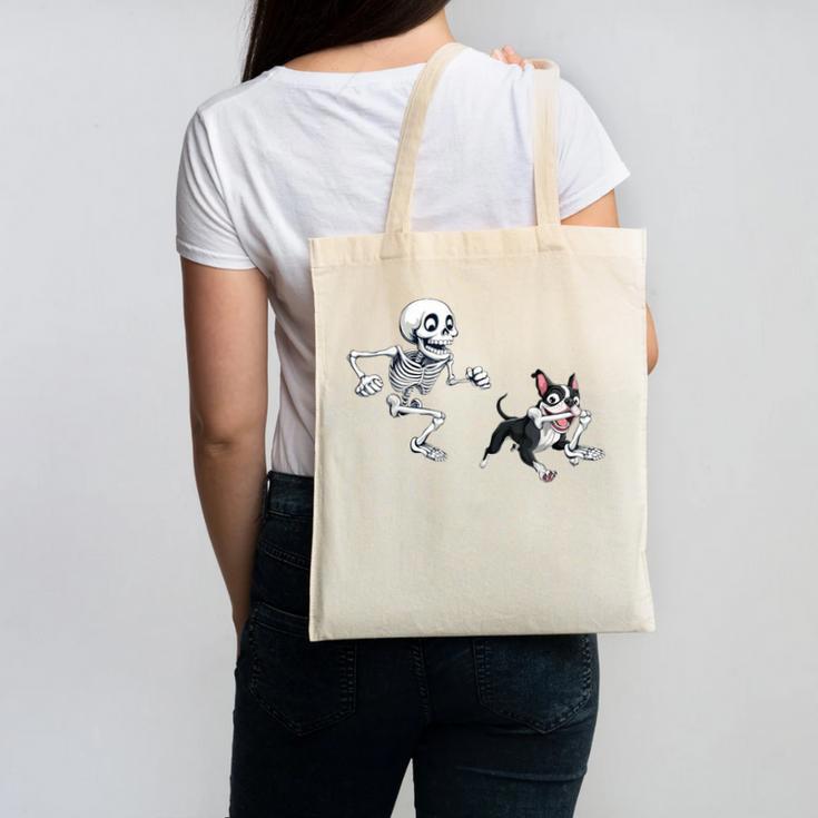 Skeleton Chasing Dog Boston Terrier Halloween Pet Lover Canvas Tote Bag, Boston Terrier Halloween Gifts, trending gift
