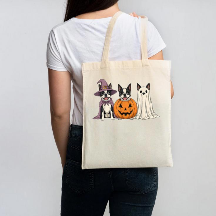 Spooky Ghost Boston Terrier Pumpkin Halloween Dog Lover Canvas Tote Bag