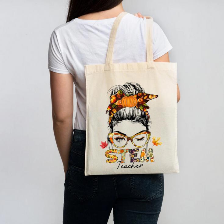 STEM Teacher Messy Bun Fall Vibes Autumn Thanksgiving Men Women Canvas Tote Bag, trending gift