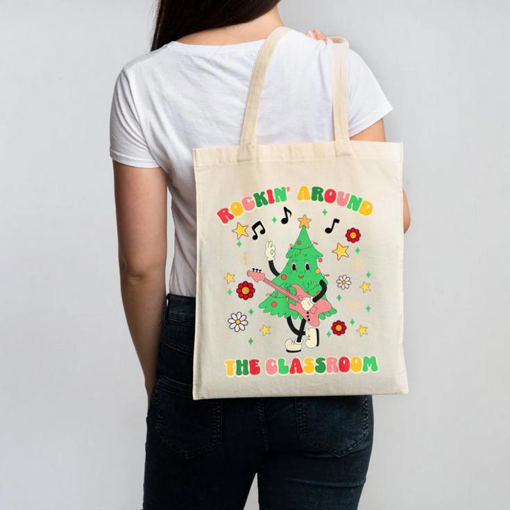 Teacher Christmas Shirts Pajama Matching Rockin' Around The Classroom -Adult Short Sleeve Small Modern Festive Christmas Teacher Xmas Vibes T-Shirt Canvas Tote Bag, trending gift