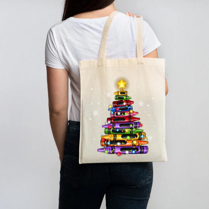 Teacher Crayon Christmas Tree Lights Student School Xmas Canvas Tote Bag, trending gift Teacher Crayon Christmas Tree Lights Student School Xmas Canvas Tote Bag, trending gift