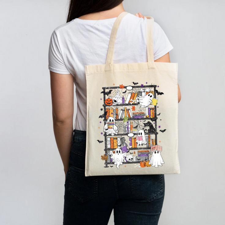 Teacher Library Ghost Reading Book Halloween Cat Canvas Tote Bag