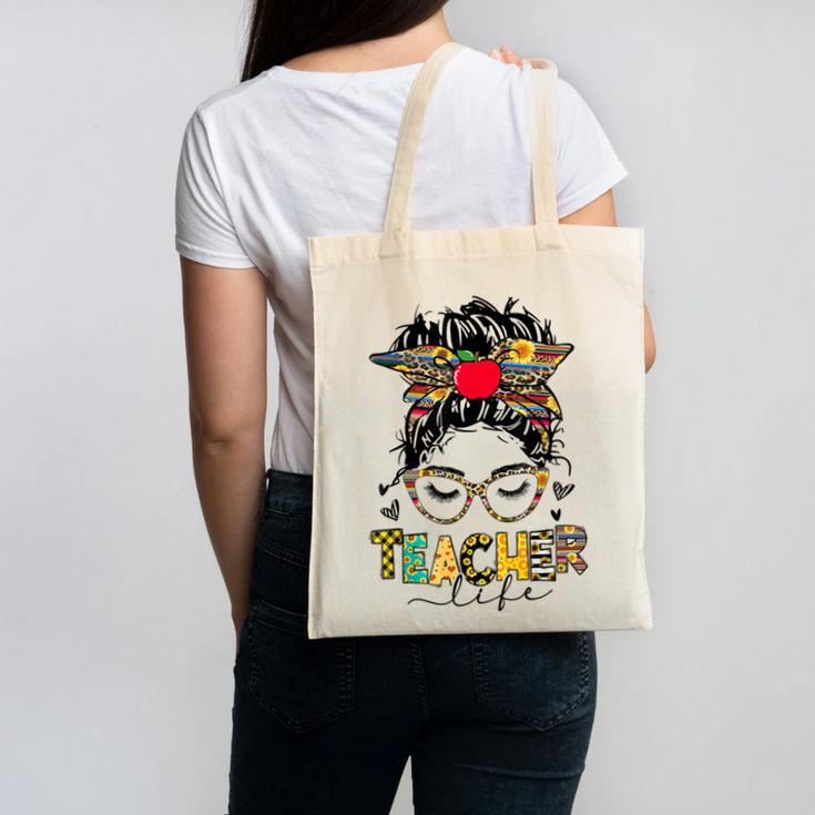 Teacher Life Messy Bun Glasses Leopard Sunflower Canvas Tote Bag