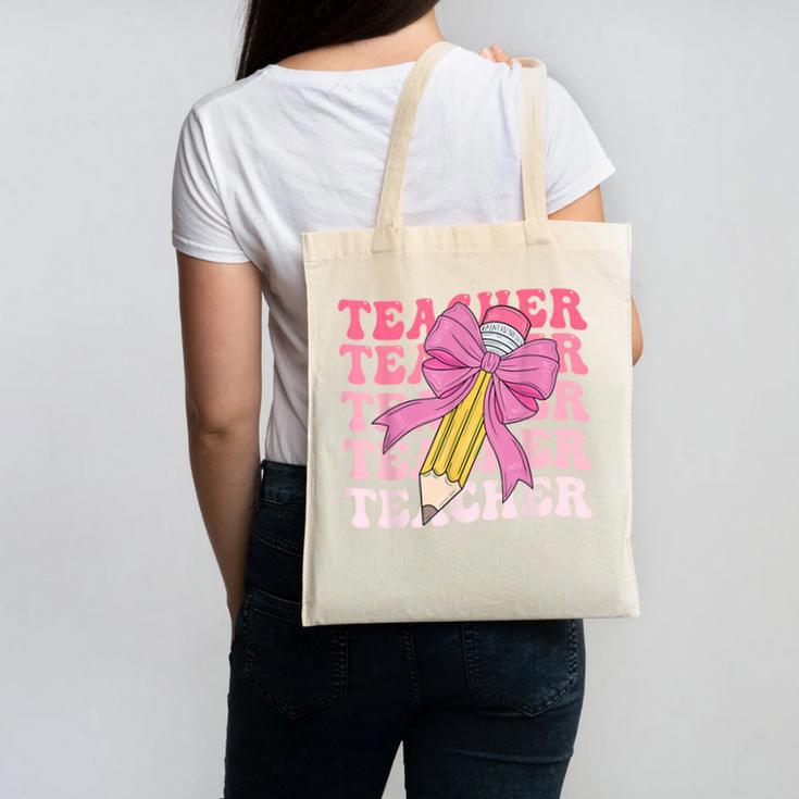 Teacher Pencil Back To School Groovy Pink Teacher First Day Canvas Tote Bag, Groovy Teacher Gifts, trending gift