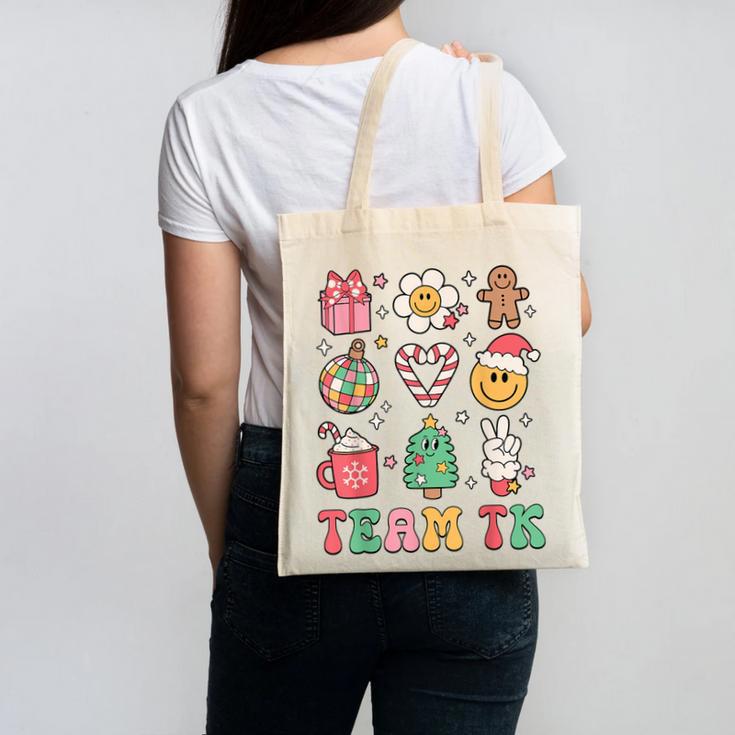 Team TK Teacher Christmas Groovy Smile Face Girl Boy Kid TK Canvas Tote Bag