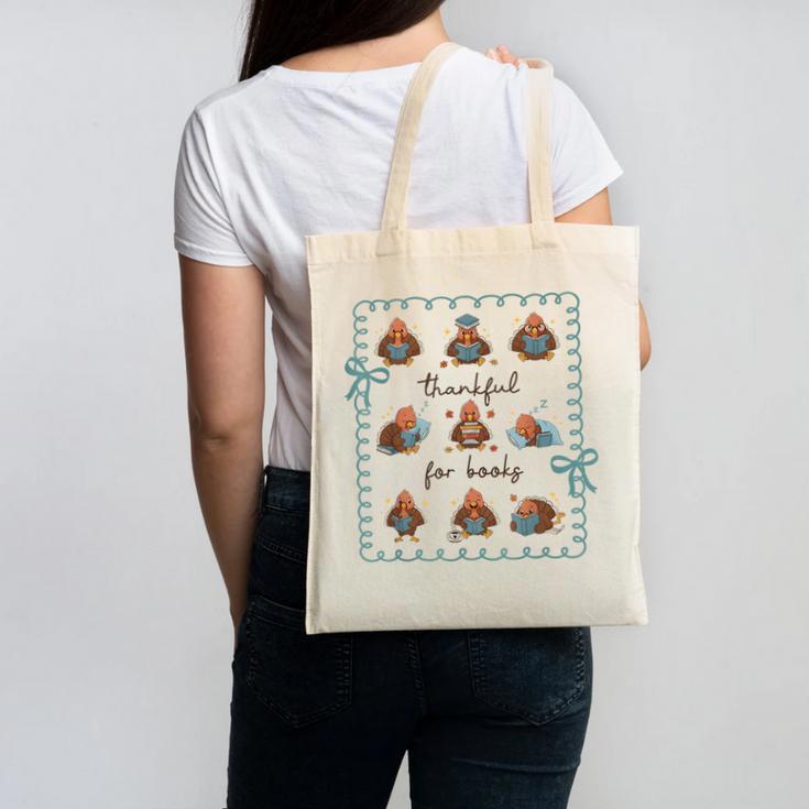 Thankful For Books Turkey Reading Book Lovers Fall Teacher Canvas Tote Bag