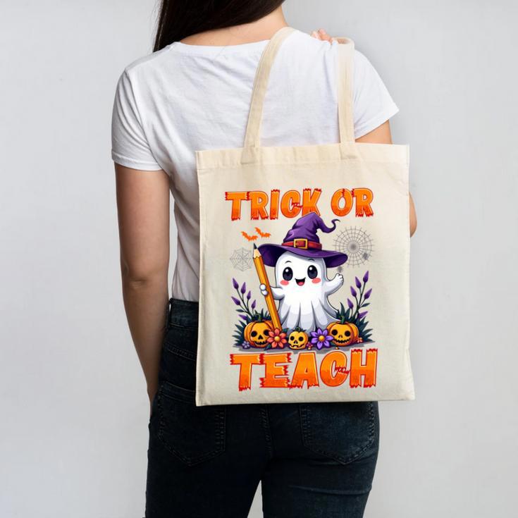 Trick Or Teach Teacher Halloween Ghost Pencil Floral Canvas Tote Bag