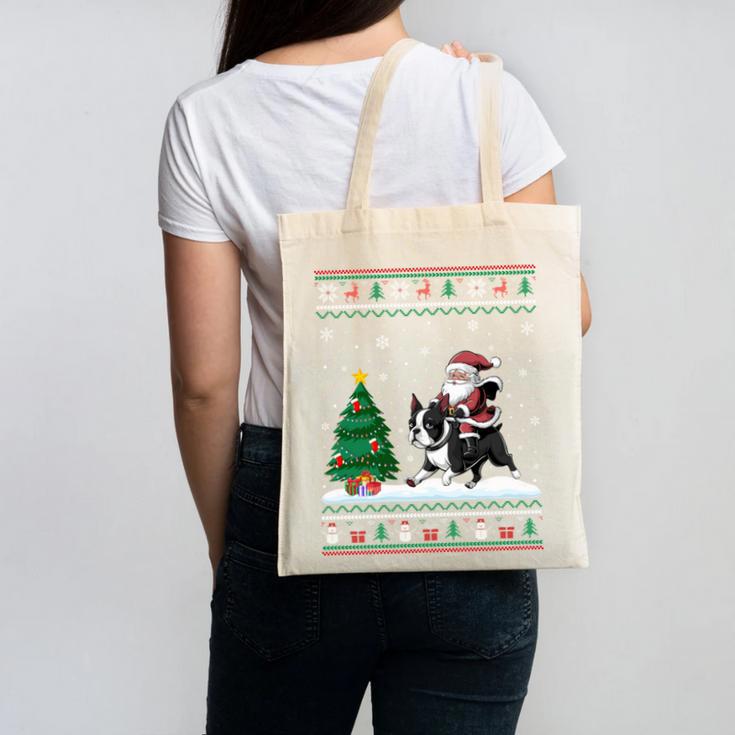 Ugly Christmas Tree Lights Xmas Santa Riding Boston Terrier Canvas Tote Bag