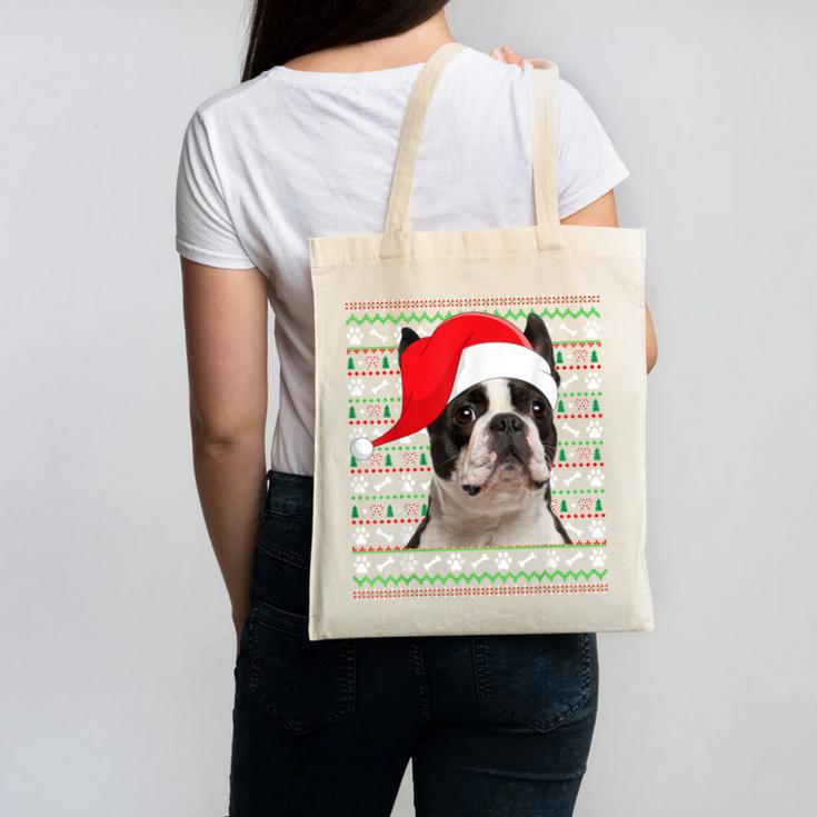 Ugly Xmas Sweater Santa Boston Terrier Dog Christmas For Men Women Kids Canvas Tote Bag, Boston Terrier Christmas Gifts, trending gift
