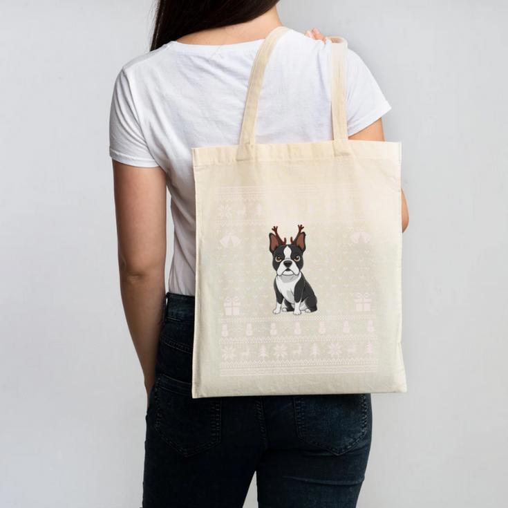 Ugly Xmas Sweater Style Boston Terrier Reindeer Christmas Canvas Tote Bag