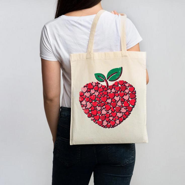 Valentines Day Teacher Hearts Apple Love Teach Women Men Canvas Tote Bag, trending gift