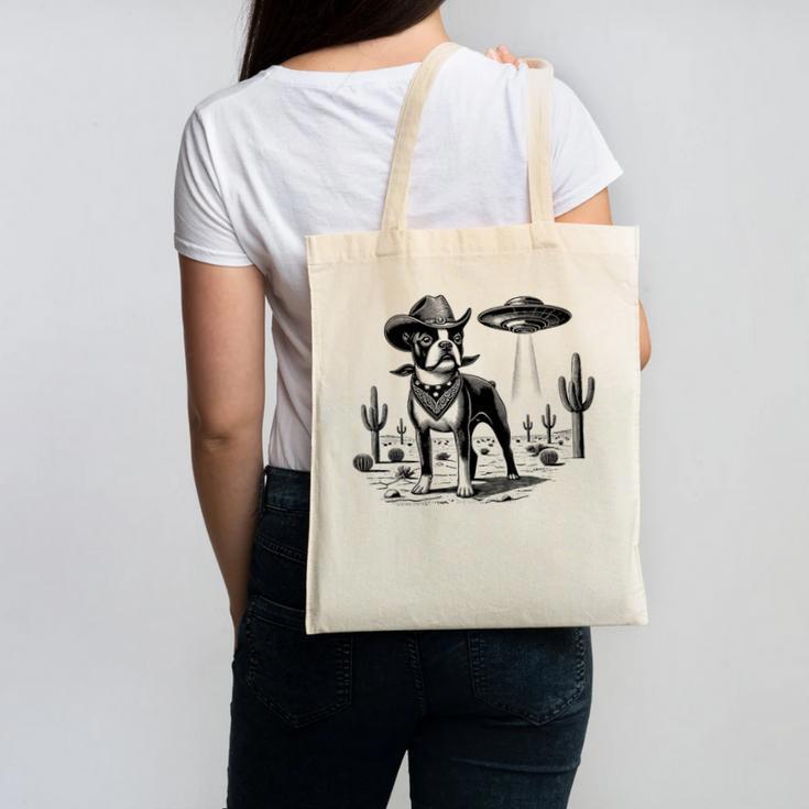 Vintage Boston Terrier UFO Western Wild West Dog Mom Dad Canvas Tote Bag