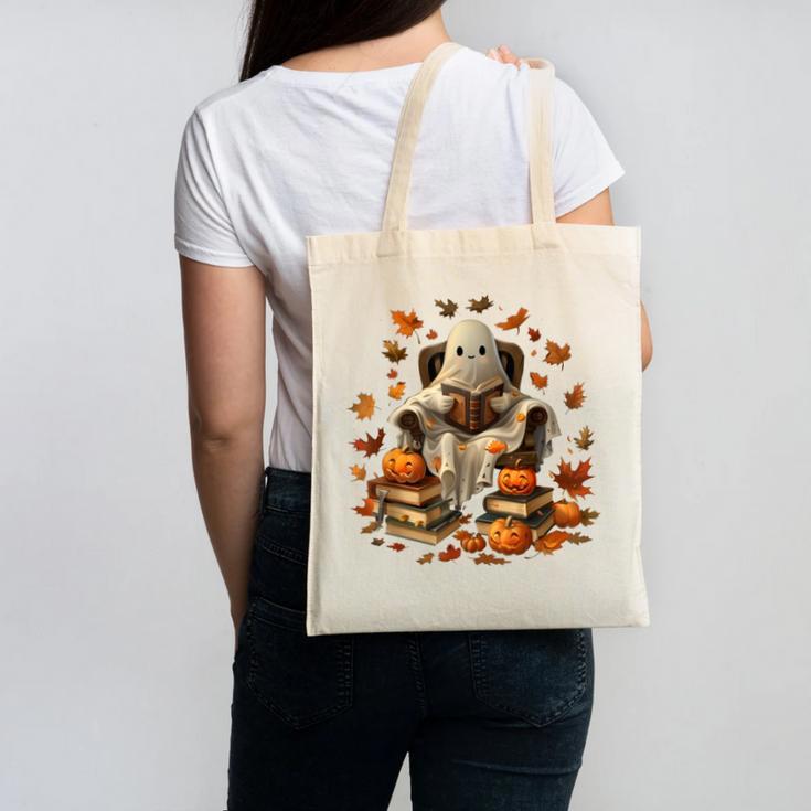 Vintage Ghost Book Reading Pumpkin Gothic Halloween Teachers Men Women Kids Canvas Tote Bag, trending gift