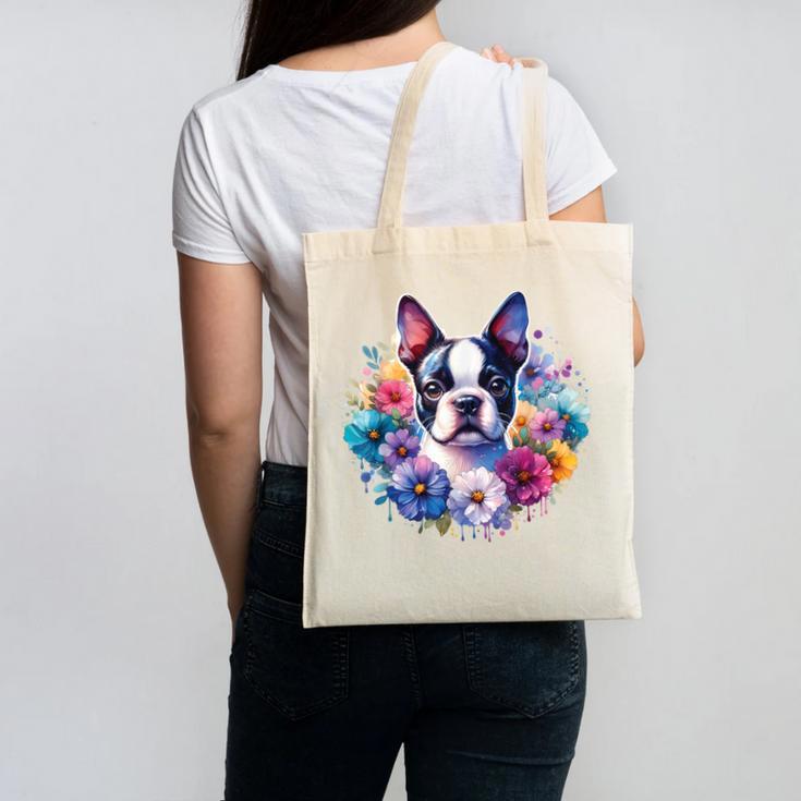 Watercolor Floral Boston Terrier Mama Dog Lover Mother's Day Canvas Tote Bag, trending gift