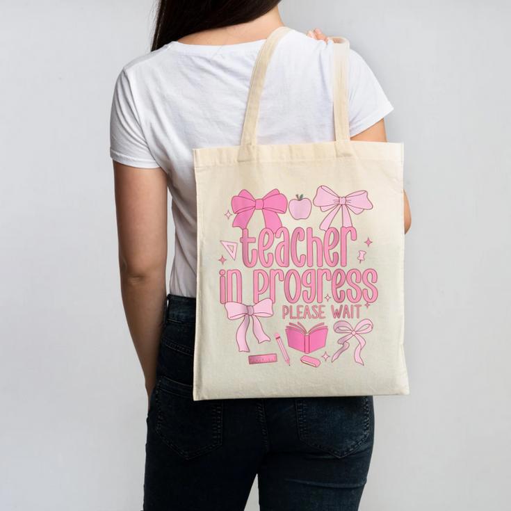 Women Teacher In Progress Coquette Pink Bow Future Teacher Canvas Tote Bag, Future Teacher Gifts, trending gift Women Teacher In Progress Coquette Pink Bow Future Teacher Canvas Tote Bag, Future Teacher Gifts, trending gift