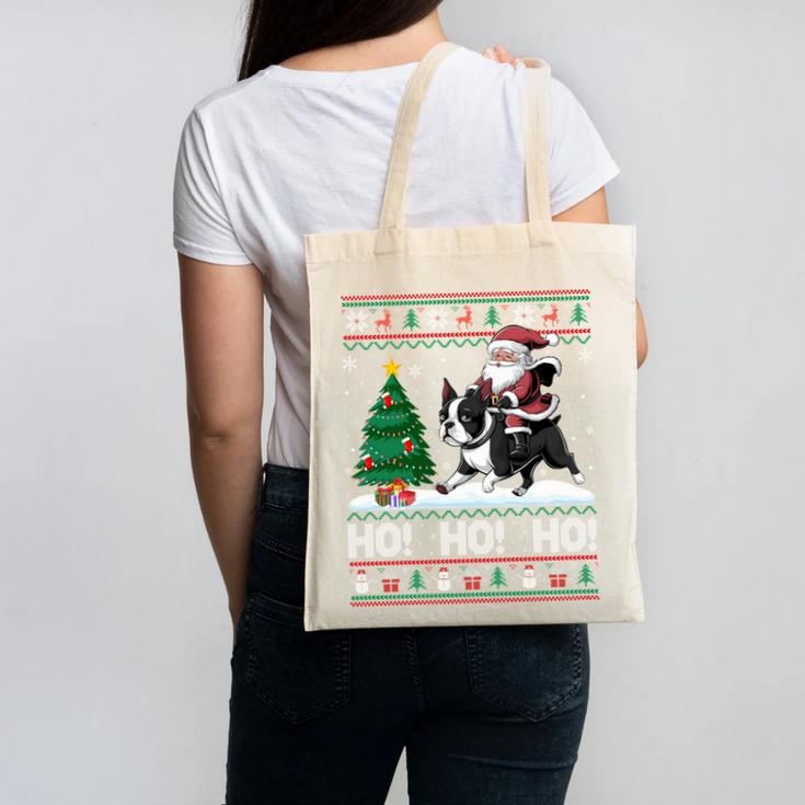 Xmas Tree Lighting Santa Riding Boston Terrier Christmas Canvas Tote Bag