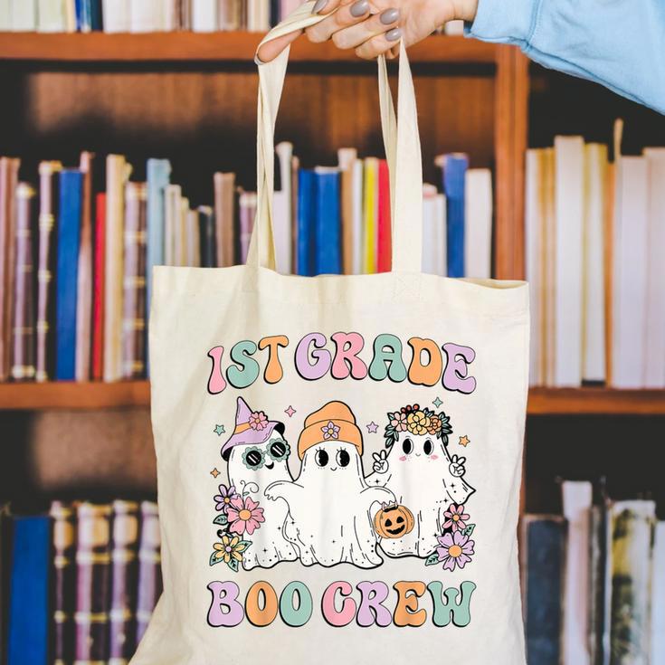 1st Grade Boo Crew Groovy Halloween Floral Ghost Kid Teacher Canvas Tote Bag, Groovy Teacher Tote Bags, funny gift