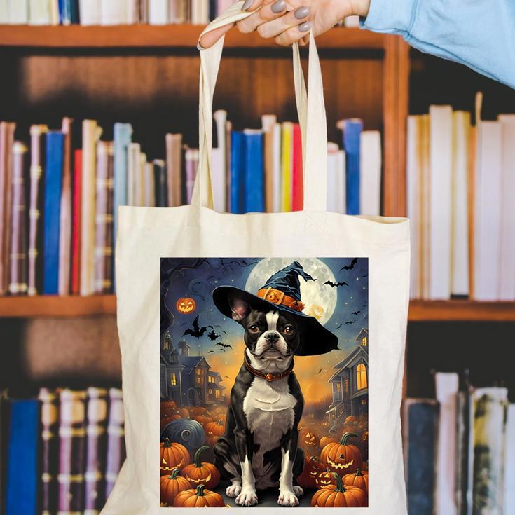 Aesthetic Halloween Boston Terrier Dog Witch Pumpkin For Men Women Kids Canvas Tote Bag, Boston Terrier Halloween Tote Bags, funny gift