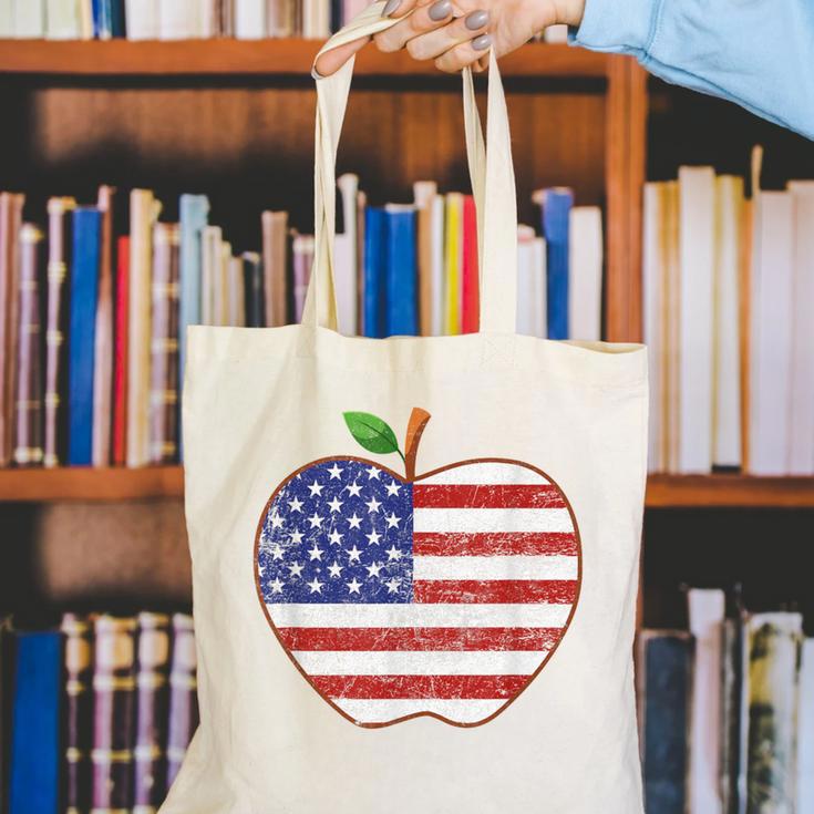 American Flag Teachers Students Apple 4th Of July Vintage Canvas Tote Bag, funny gift American Flag Teachers Students Apple 4th Of July Vintage Canvas Tote Bag, funny gift